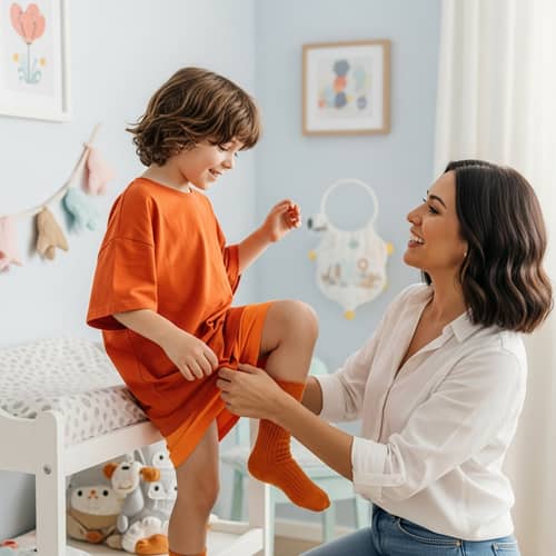 7-Year-Old Boy in Orange Shirt and Diaper Getting Help from Mom