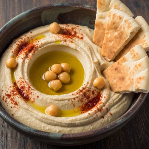 Traditional Middle Eastern Hummus in Ceramic Bowl