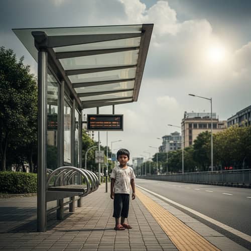 Innocence and Resilience: South Asian Boy at Urban Bus Stop