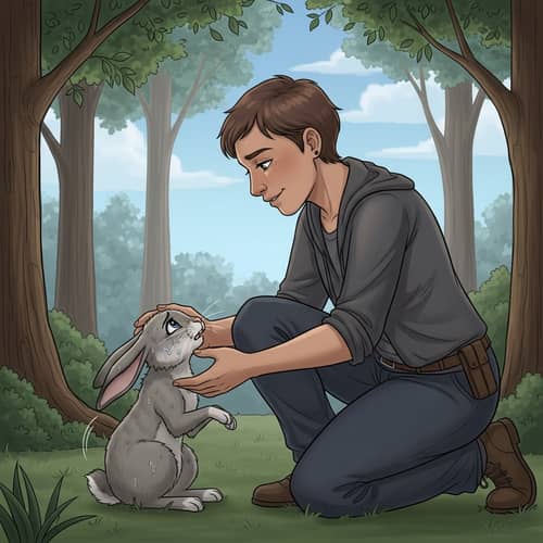 Empathetic Person Helping Distressed Rabbit in Forest Setting