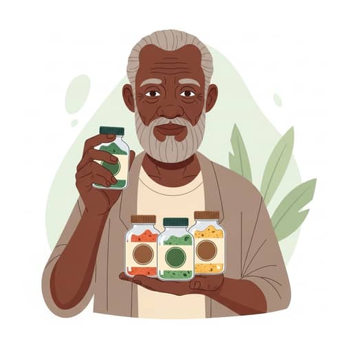 African Descent Elderly Herbalist with Herbal Supplements