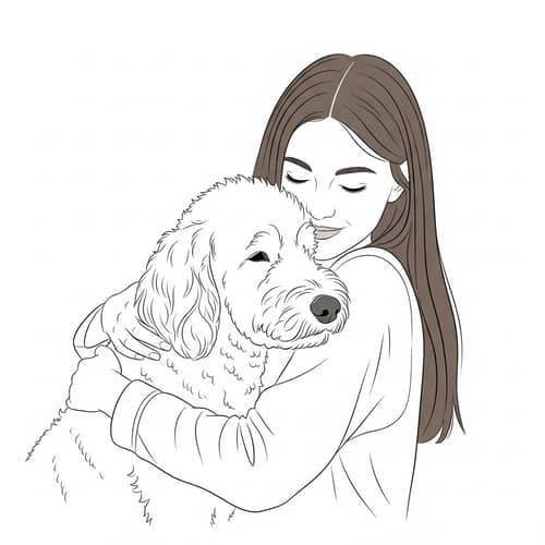 Minimalist Vector Illustration of Young Woman Embracing Adult White Curly Dog