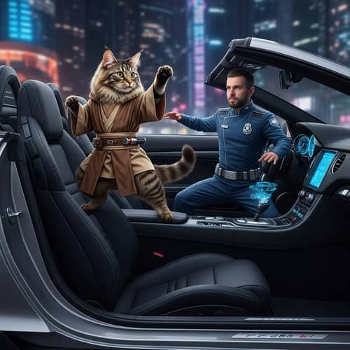 Jedi Cat vs Intergalactic Peacekeeper in Sports Car | Stylized Art