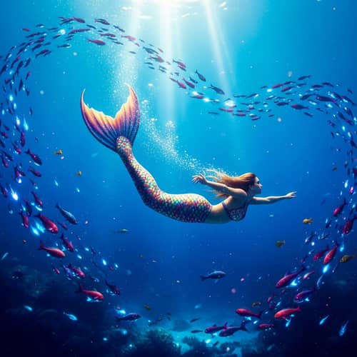 Surreal Underwater Landscape with Graceful Mermaid and Bioluminescent Creatures