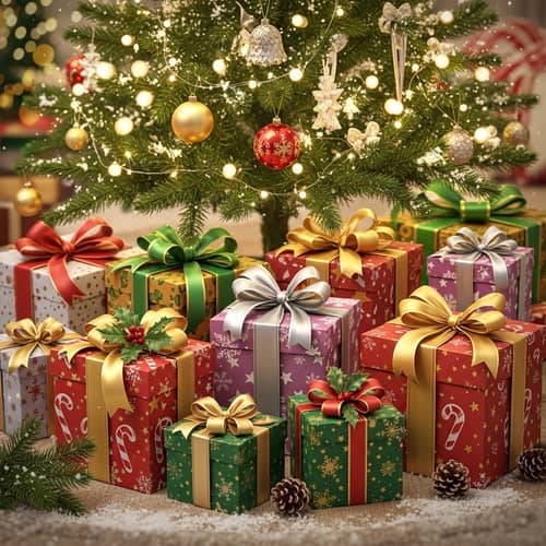 Beautifully Wrapped Christmas Presents Under Twinkling Tree