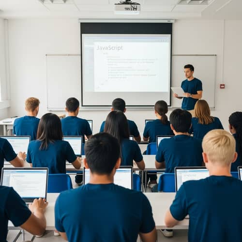 Diverse Classroom JavaScript Lesson with Laptop-Equipped Students