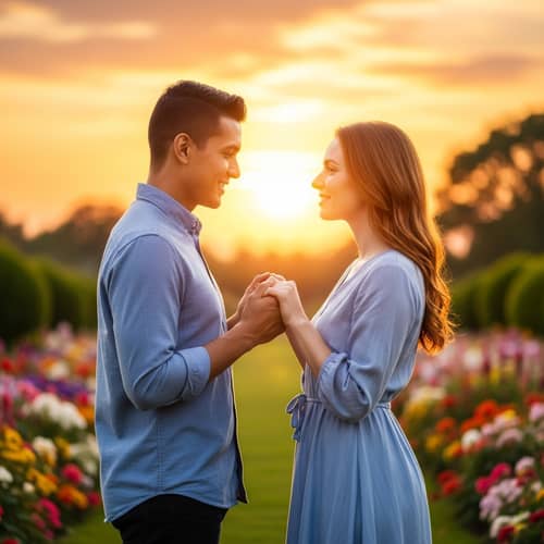 Romantic Couple in Love in Colorful Garden at Sunset