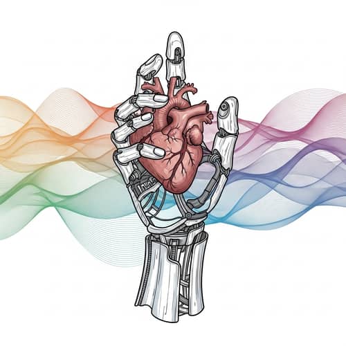 Semi-Mechanical Hand Holding Human Heart | Colorful Waves Background