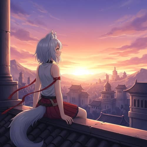 Anime Girl with White Hair and Wolf Ears Watching Sunset