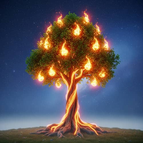 Lush Tree with Flame Pattern: A Magical Night Sky Scene