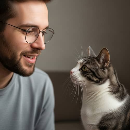 Mid-Thirties Man Talking to Domestic Cat | Engaging Conversation