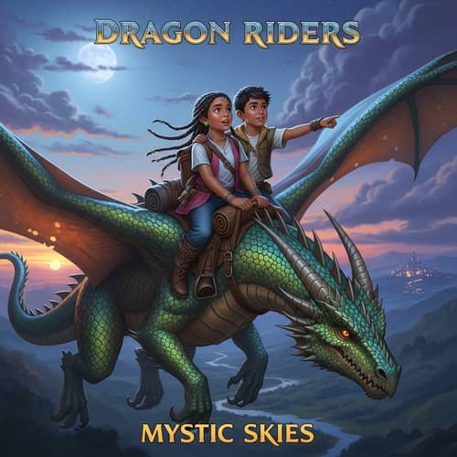 Hispanic Siblings Riding Dragon Album Cover Illustration