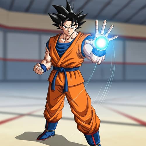 Asian Male Character in Orange Martial Arts Uniform with Energy Orb
