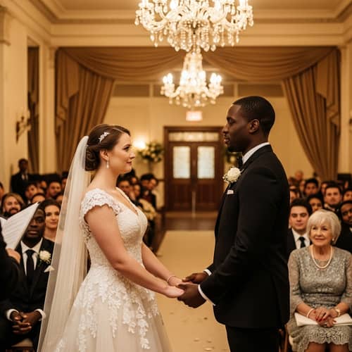 Vintage Glamour Wedding Scene with Interracial Couple Exchanging Vows