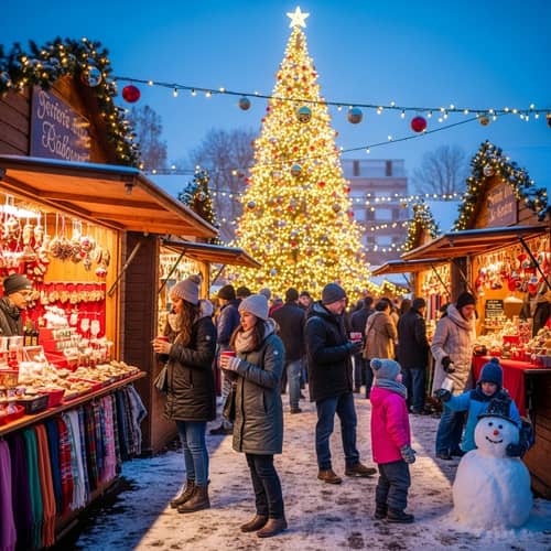 Traditional Christmas Market with Crafts and Joyful Atmosphere