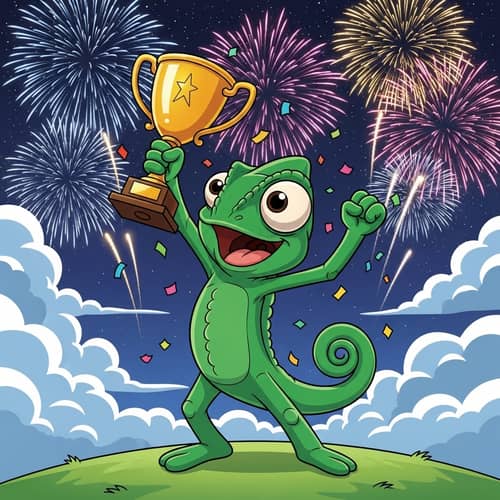 Cartoon Chameleon Victory Celebration with Trophy and Fireworks