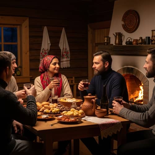 Traditional Russian 'Prostavlyatsya' Gathering in Cozy Wooden House