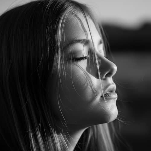 Realistic Girl with Eyes Closed Looking Up and Right