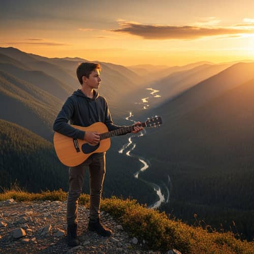 Serenity and Awe: Young Boy with Wooden Guitar on Mountain Peak