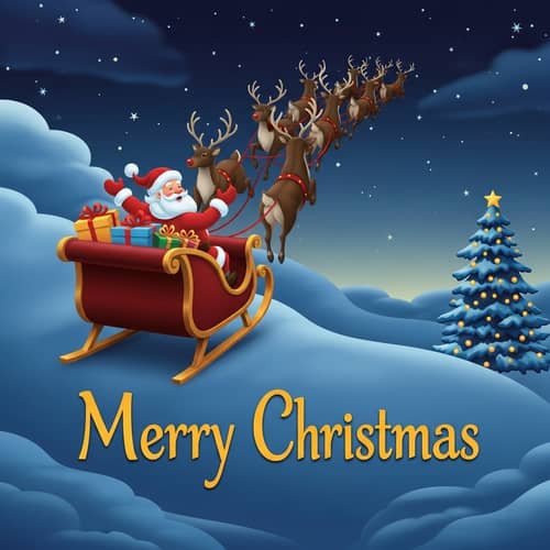 Santa Claus Riding Sleigh with Reindeer | Night Sky