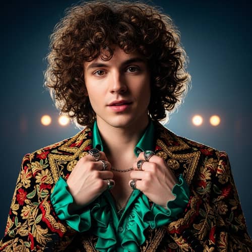 Young English Male Singer with Curly Brown Hair | Flamboyant Fashion
