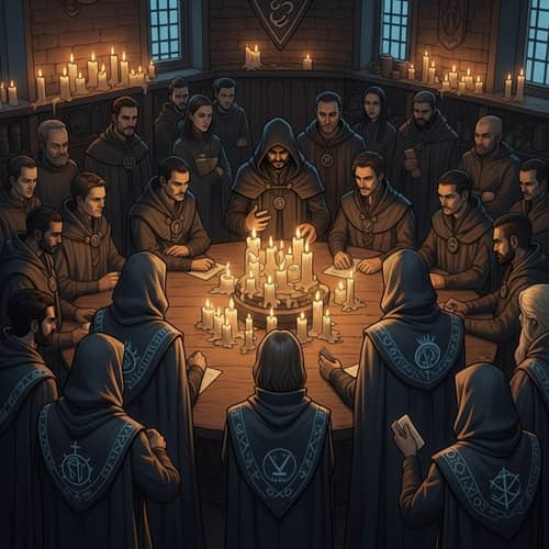 Enigmatic Secret Society Meeting | Diverse Crowd, Mysterious Cloaks