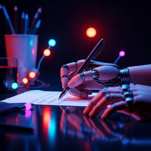 Futuristic Human Robotic Hand Writing Scene with Neon Colors