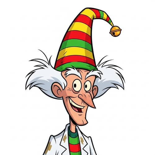 Cartoon Scientist with White Hair and Elf Hat