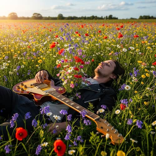 Nature Harmony | Vibrant Field Rock Musician with Guitar