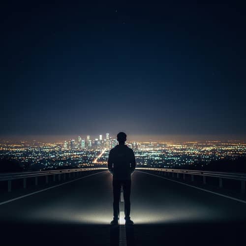 Lonely Boy on a Road at Night with City Lights