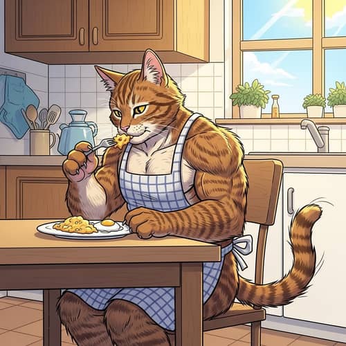 Muscular Cat Eating Scrambled Eggs - Unique Illustration