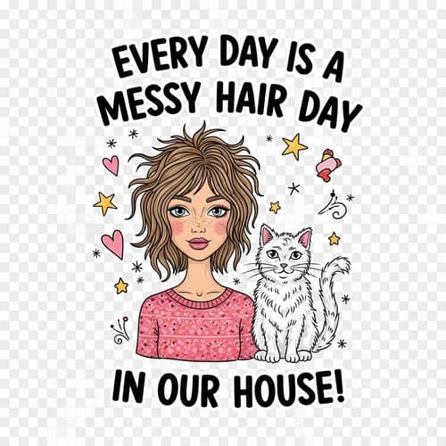 Whimsical Doodle: Messy Hair & Cats Illustration