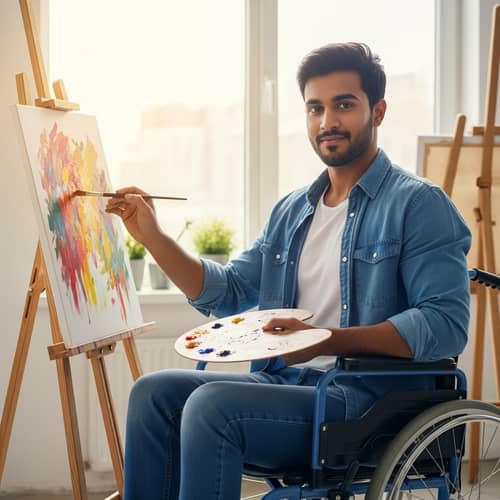 Confident South Asian Male Wheelchair Art Student Creating Masterpiece