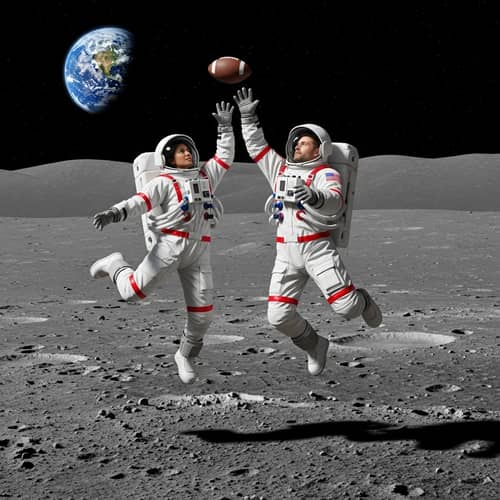 Moon Football: South Asian Female & Caucasian Male Astronauts Playing