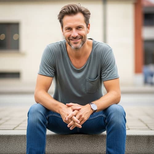 Casually Dressed Smiling Man in Urban Setting