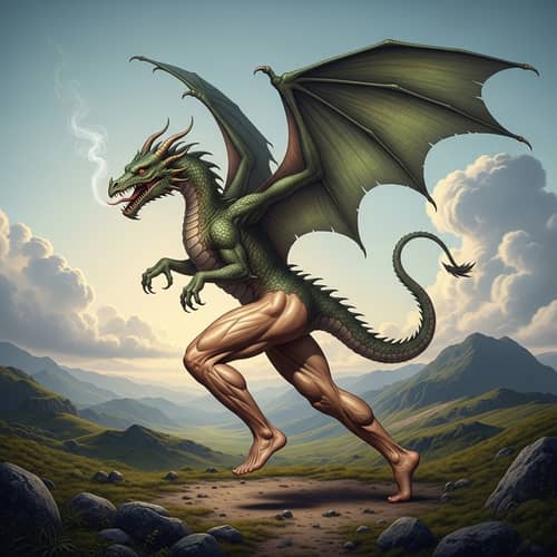 Dragon with Human Legs - Surreal Chimera in Fantasy Landscape