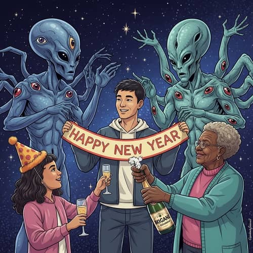 Extraterrestrial New Year Celebration with Multicultural Humans