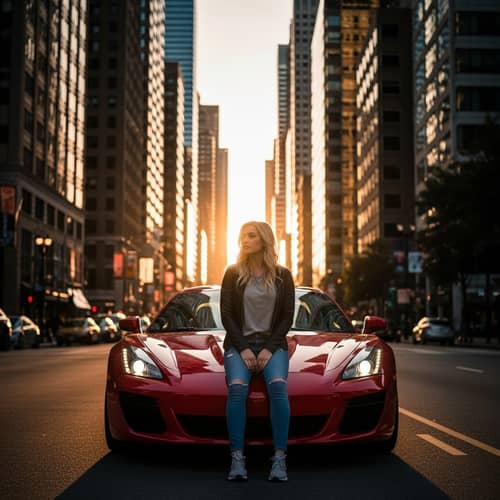 Golden Hour Urban Scene with Woman on Red Sports Car | City Energy