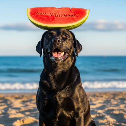 Black Labrador with Watermelon on Head
