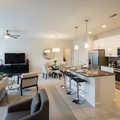 Modern Living Room Design with Entertainment Area, Dining Space, and Spacious Kitchen