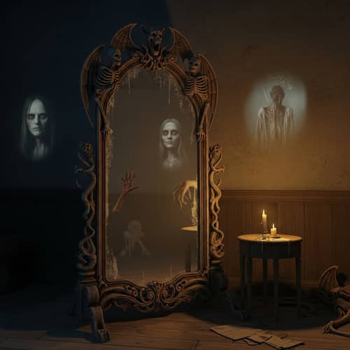 Horror Mirror - Eerie Antique Design in Dim Lit Room
