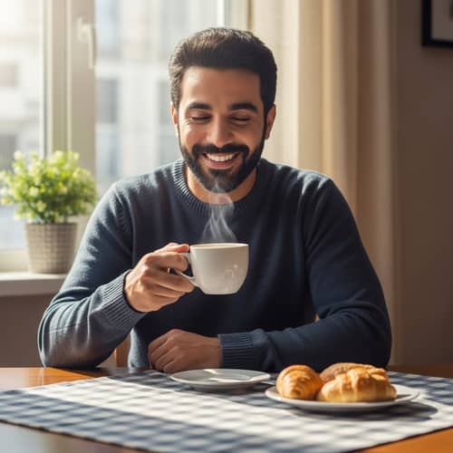 Cheerful Middle-Eastern Man with Steaming Cup of Coffee and Pastries