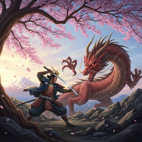 Samurai Battles Dragon: Epic Fight Under Cherry Blossom Tree