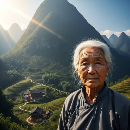 Elderly Asian Woman Standing Strong in Rural Chinese Mountain Setting