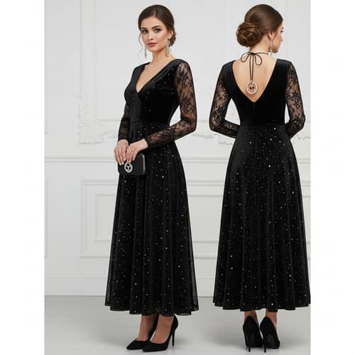 Midnight Black Velvet Dress with Twinkling Stars - Elegant A-line Silhouette