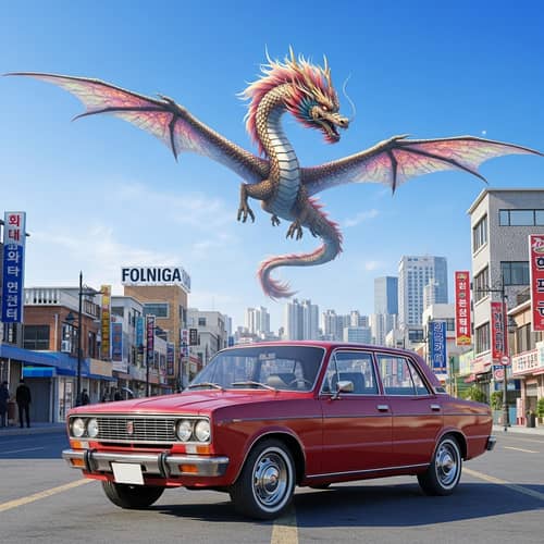 Vintage Korean Car and Spectacular Dragon Cityscape