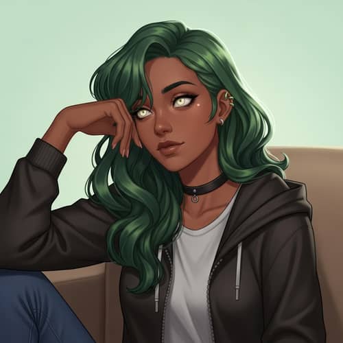 Young Brown-Skinned Woman with Long Green Wavy Hair and Pale Eyes