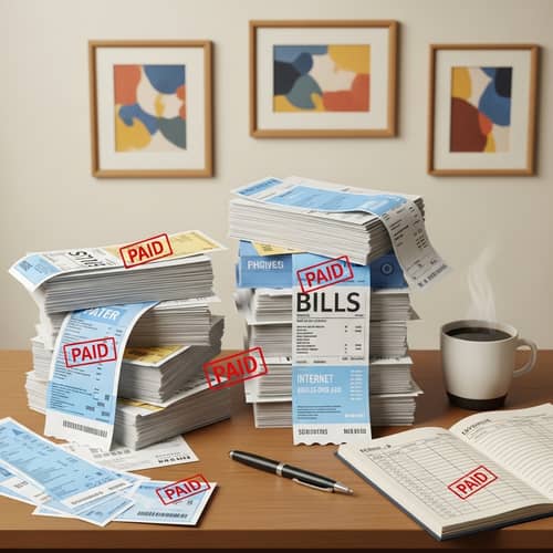 Organized and Efficient: Wooden Desk with 'Paid' Bills and Ledger Book