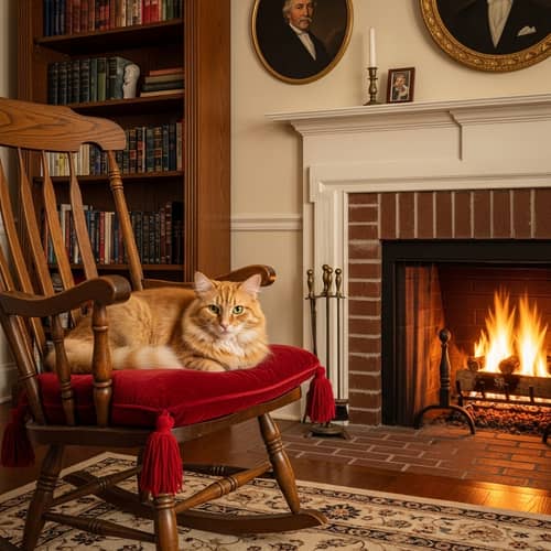 Tranquil Domestic Scene with Orange Tabby Cat on Velvet Cushion