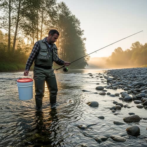 Fisherman Stepping into River with Bucket and Fishing Rod